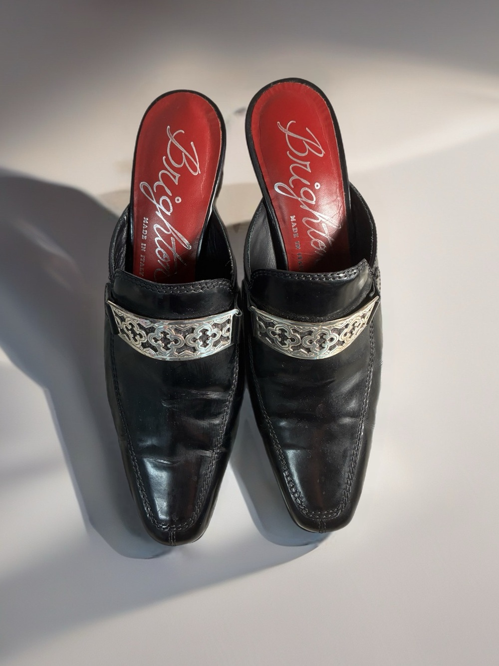 Brighton Women Black Leather Slip-On Mules with Heel and  Silver Accent Size 7.5